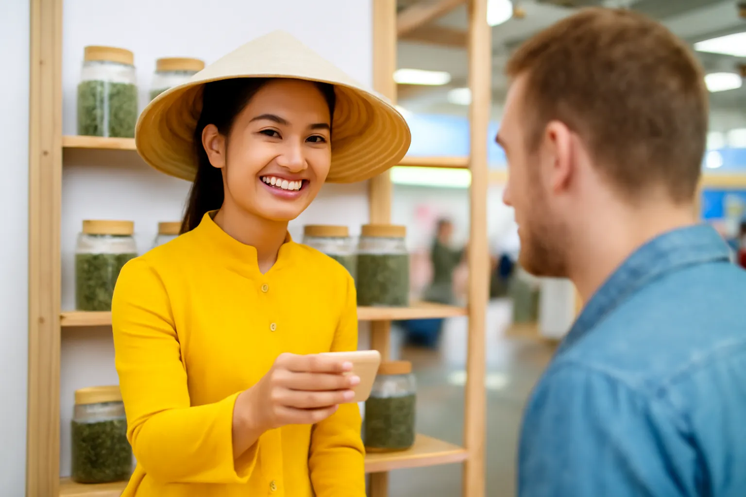 Người bán mời khách nước ngoài nếm trà ở gian hội chợ