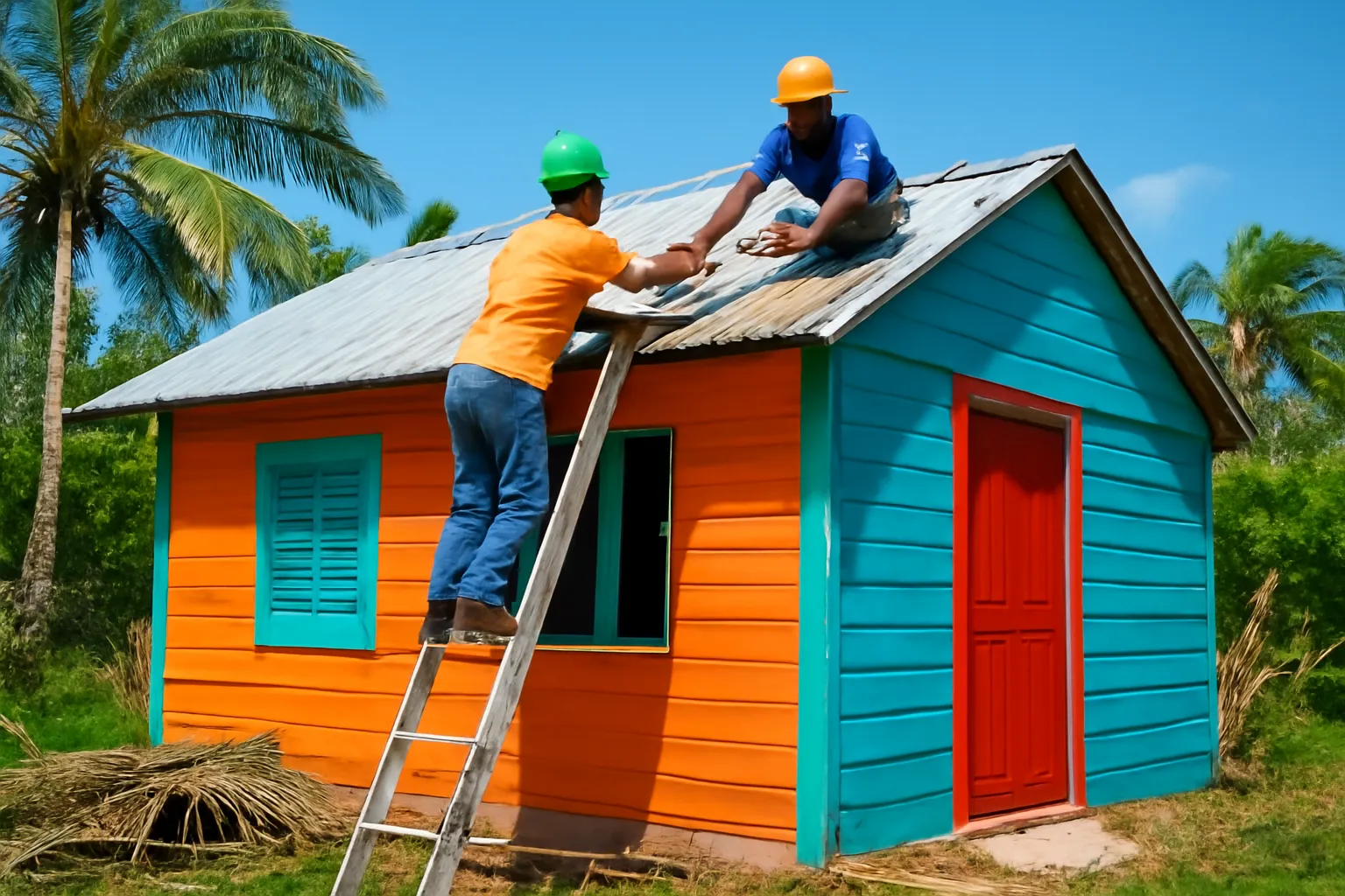 Thợ lợp lại mái nhà gỗ sau bão dưới trời xanh