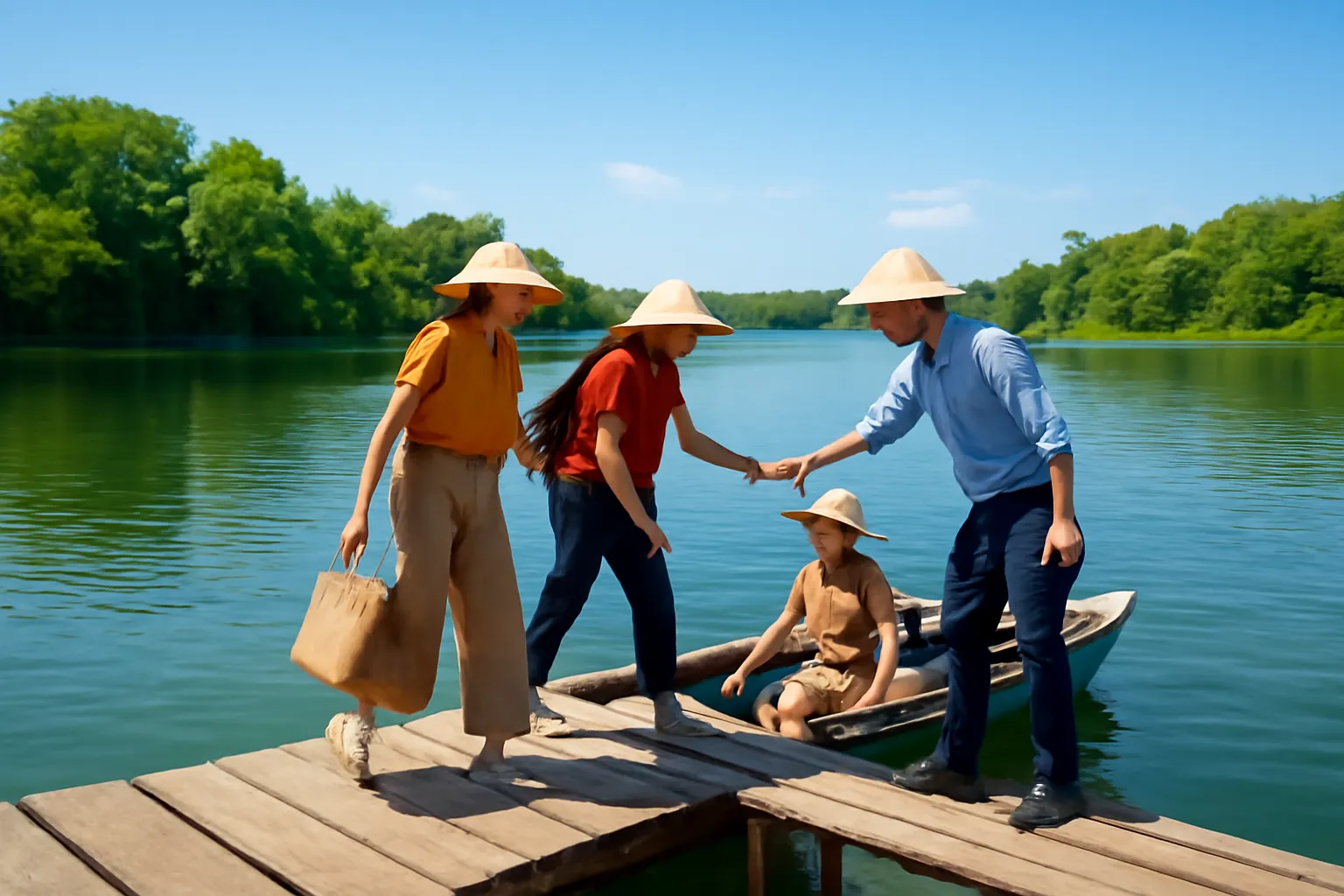 Bến gỗ nhỏ bên hồ, khách bước từ ca nô lên bờ buổi sáng