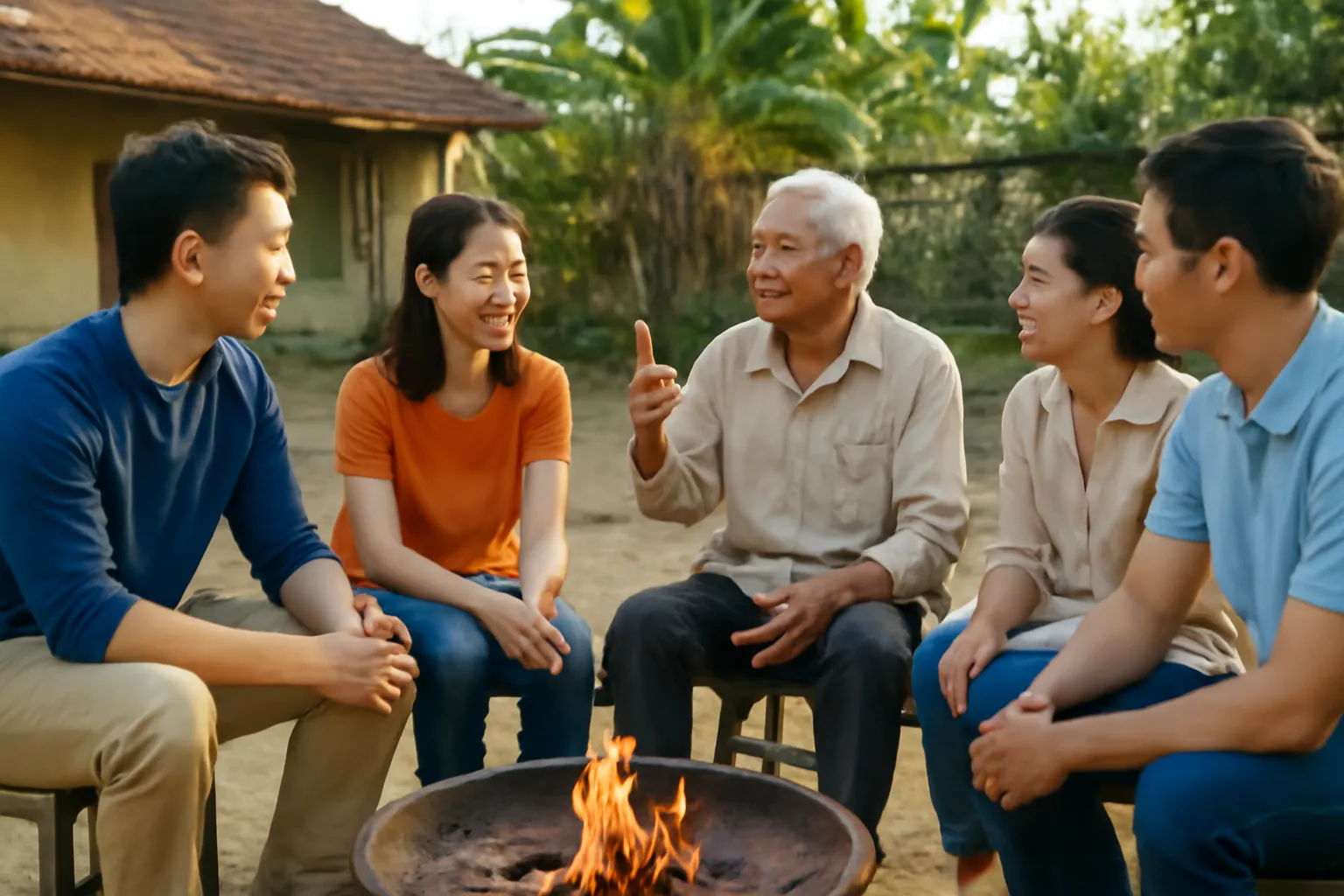 Ông cụ kể chuyện cho nhóm người trẻ ngồi quanh bếp lửa ngoài sân