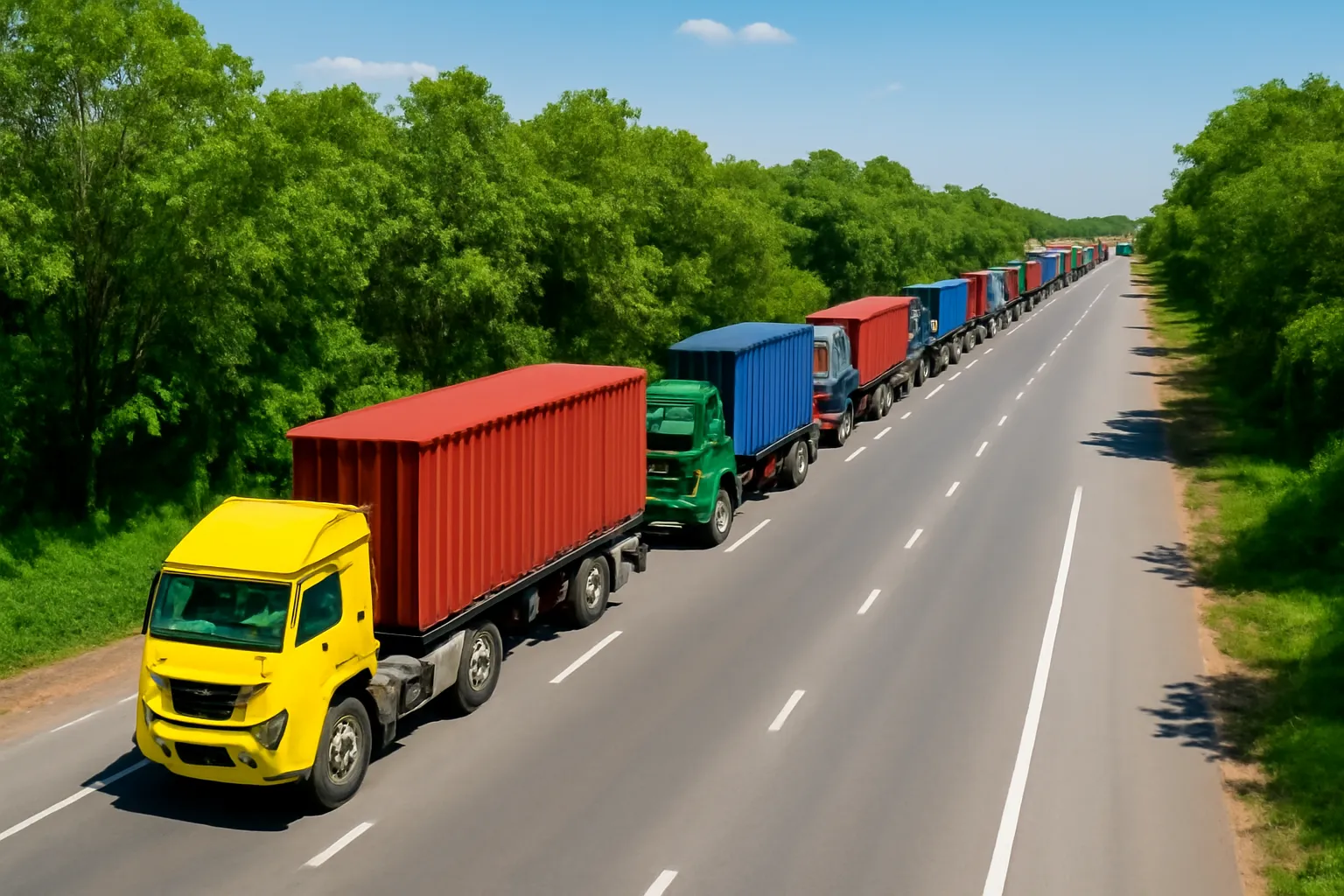 Xe tải container xếp hàng trên đường biên giữa trưa