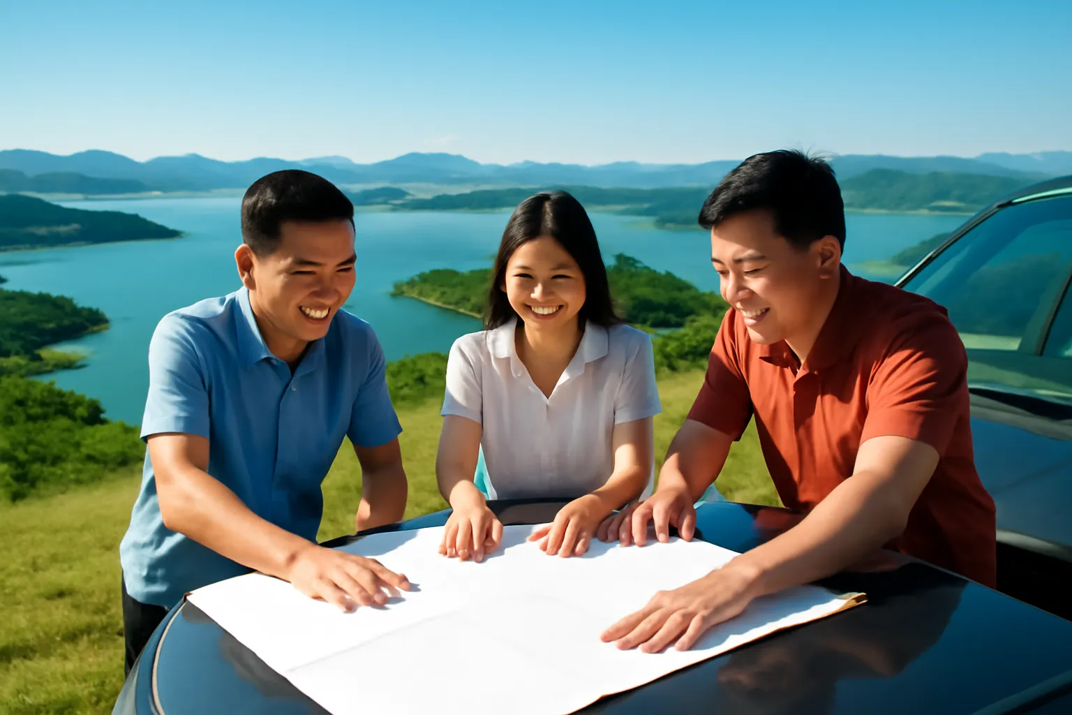 Ba người trải tấm bản đồ giấy trên nắp xe bán tải, phía dưới là hồ xanh