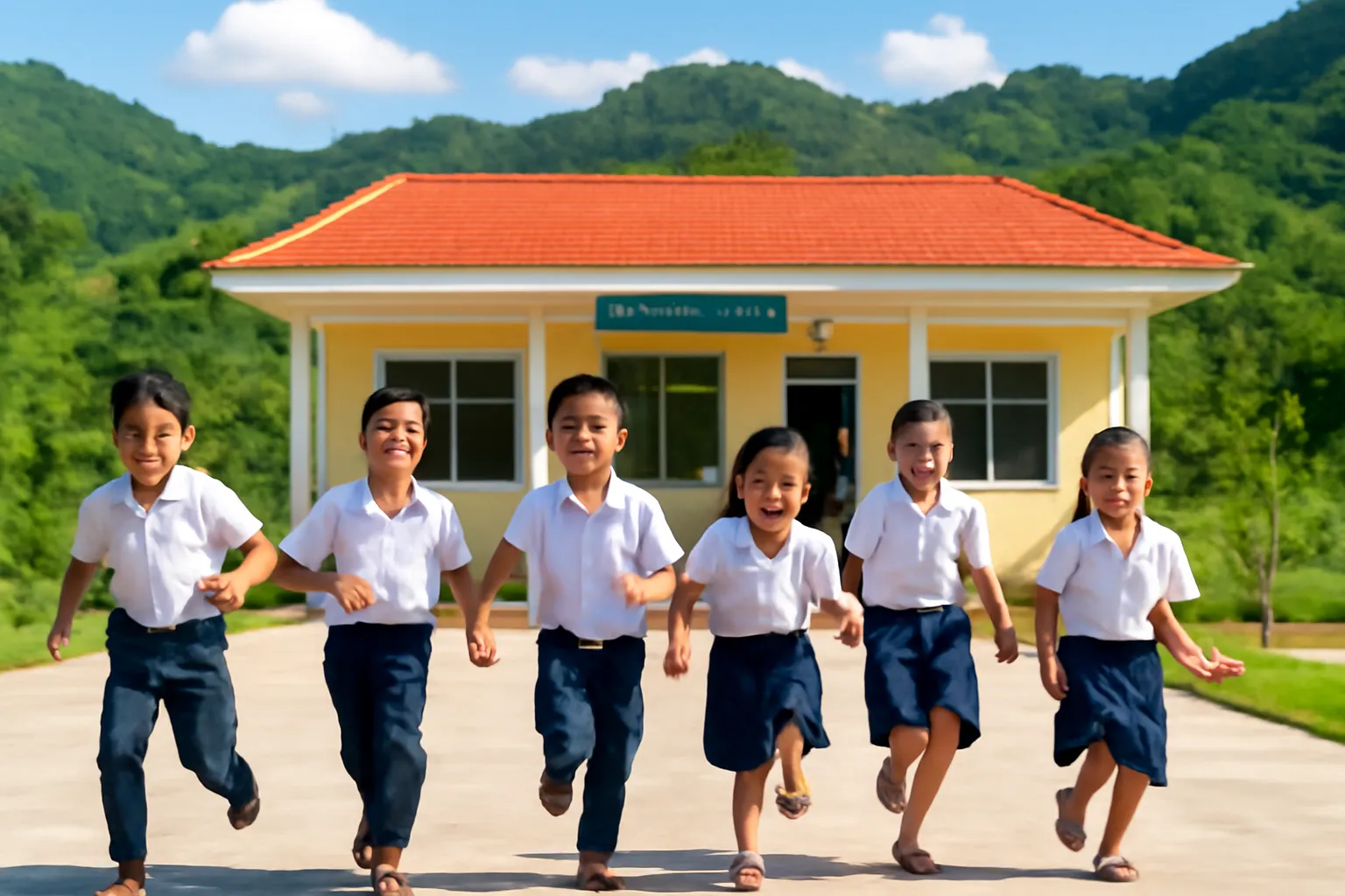 Trẻ em chạy trên sân trường mới giữa vùng đồi