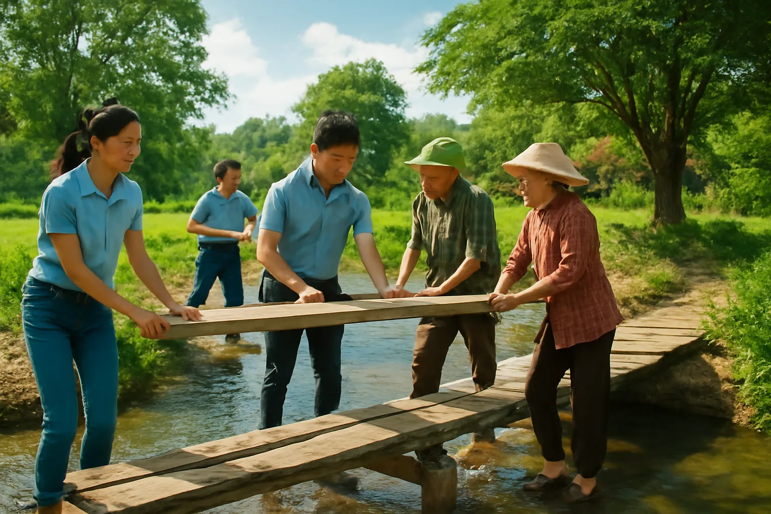 Nhân viên doanh nghiệp và dân bản cùng sửa cây cầu gỗ nhỏ qua suối