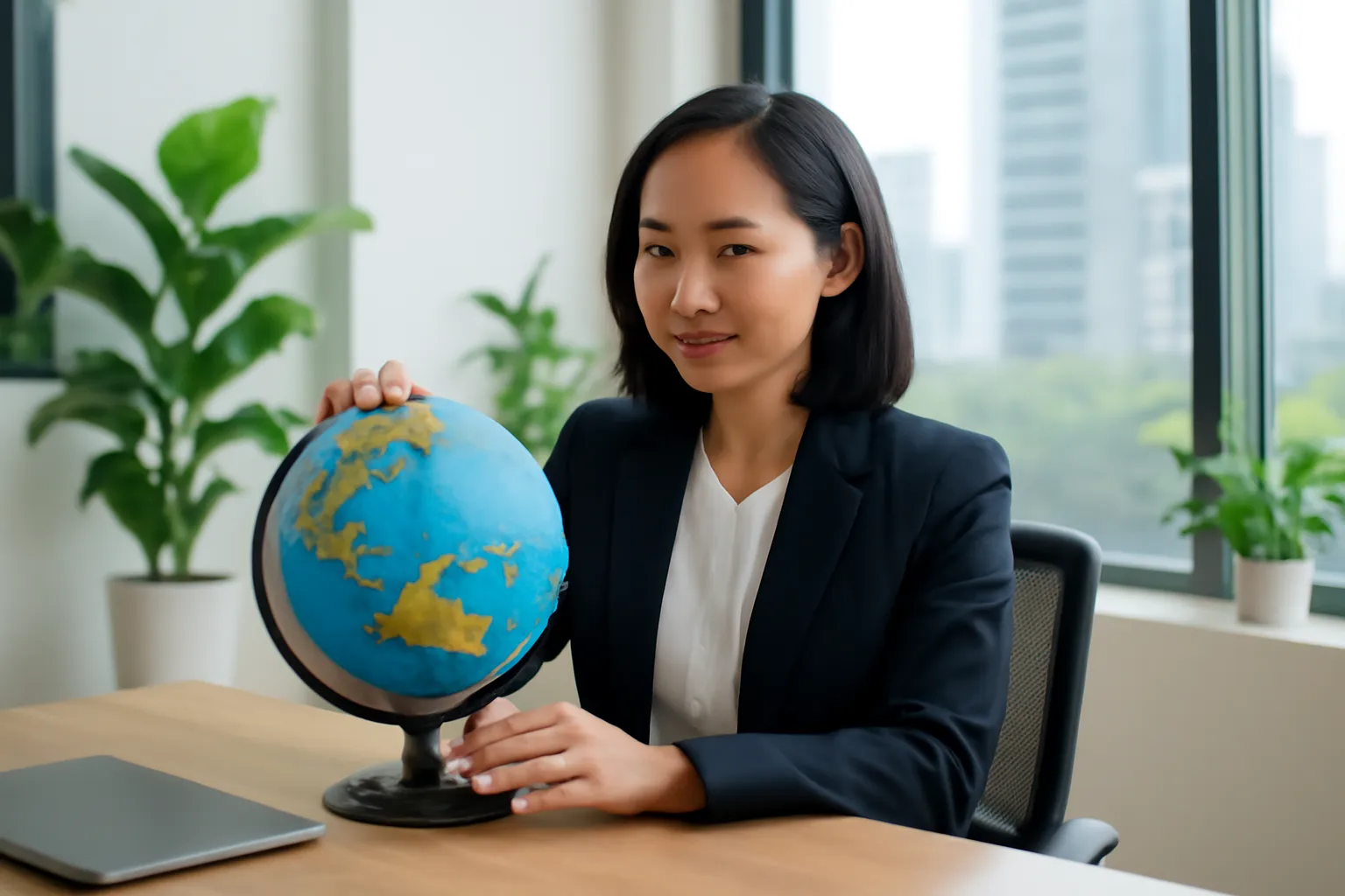 Nữ doanh nhân xoay quả địa cầu trên bàn làm việc
