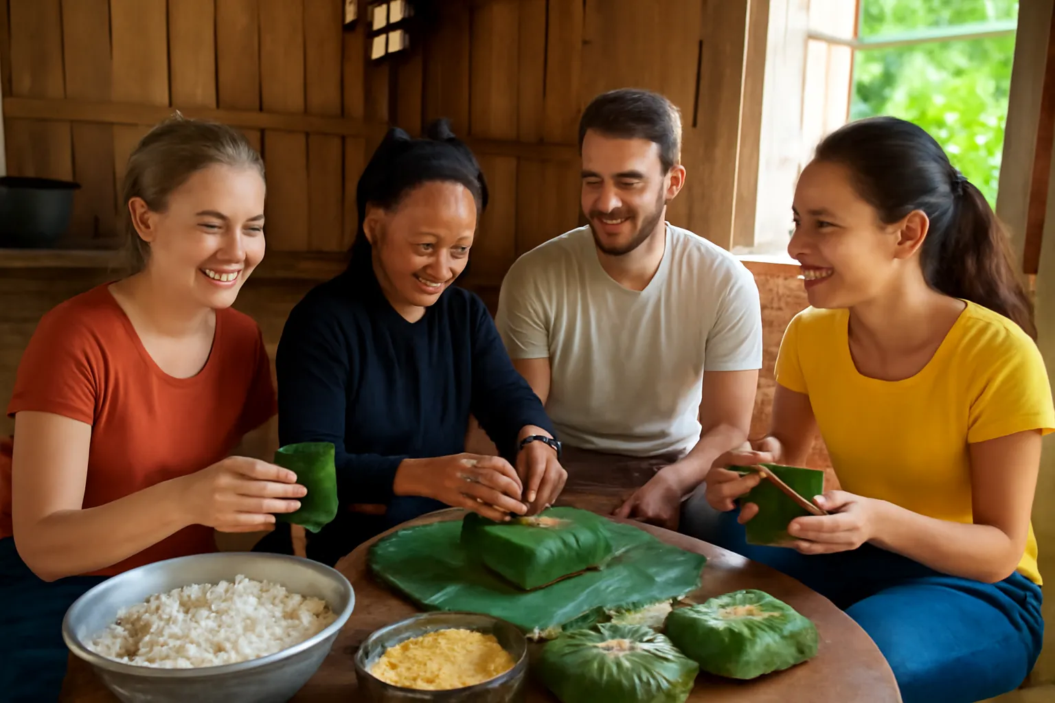 Bà cụ dạy nhóm khách gói bánh trong gian bếp nhà sàn