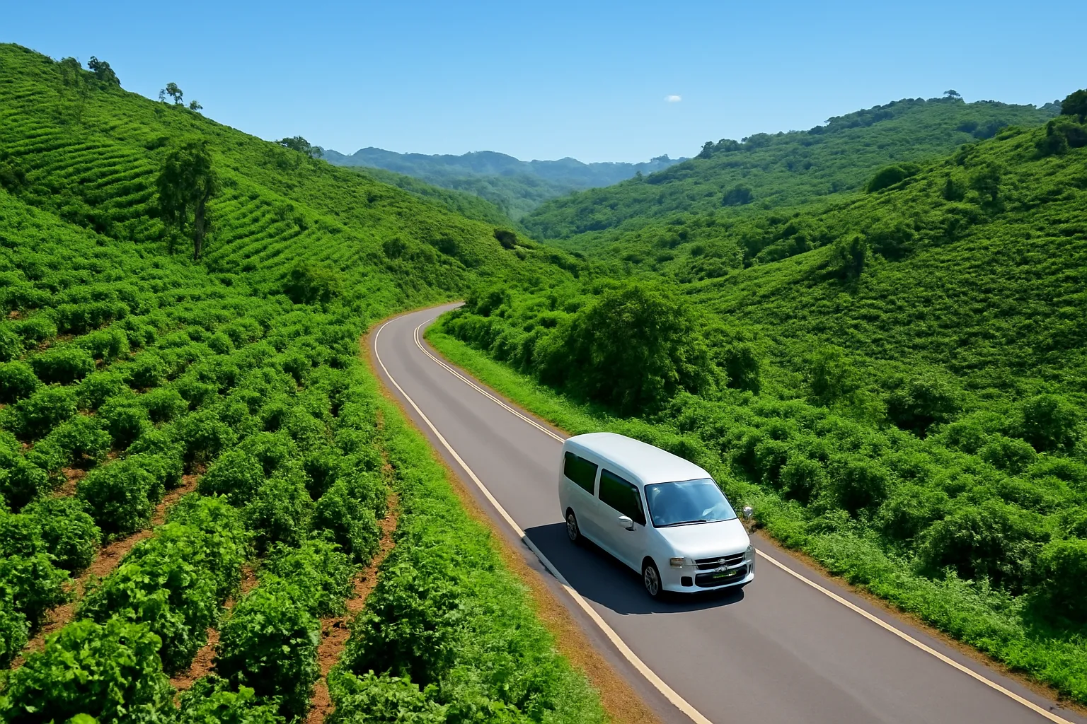 Xe khách nhỏ chạy trên đường đèo giữa những đồi cà phê