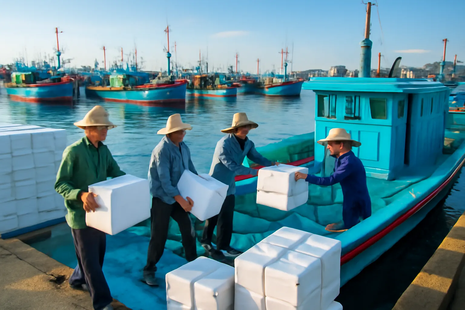 Công nhân xếp thùng xốp hải sản lên tàu ở cảng đảo
