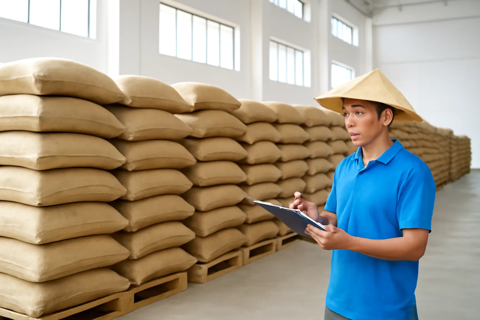 Bao tải cà phê xếp trên pallet trong kho sáng sủa
