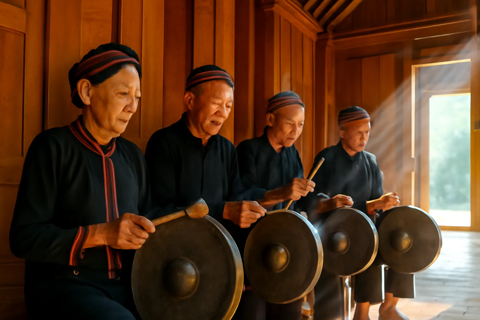 Nghệ nhân đánh chiêng trong nhà dài, nắng chiếu qua cửa
