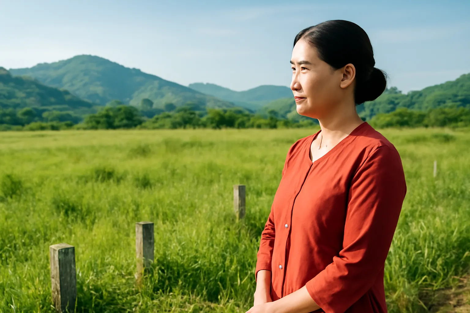 Người phụ nữ đứng nhìn bãi cỏ cao có những cọc mốc bê tông