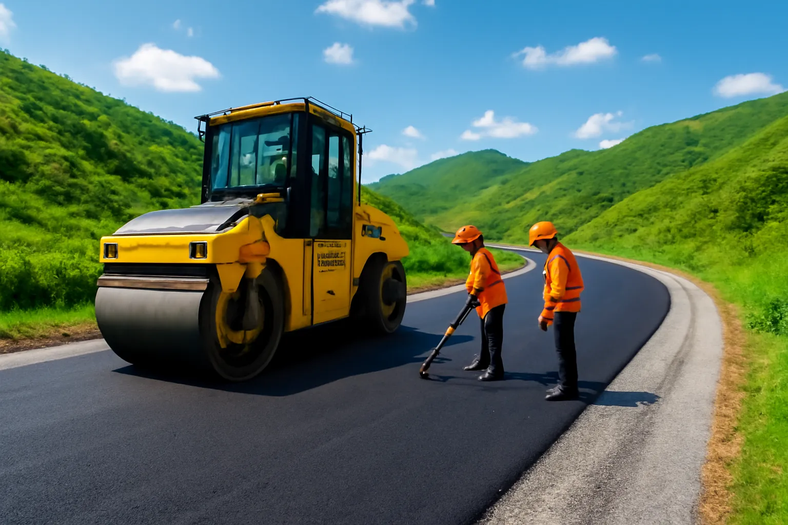 Máy lu làm đường nhựa mới qua đồi, công nhân mặc áo cam