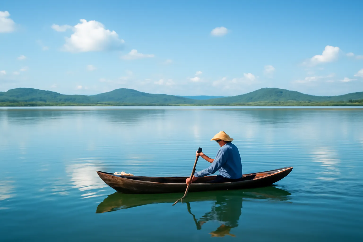 Ngư dân chèo xuồng trên mặt hồ rộng phẳng lặng