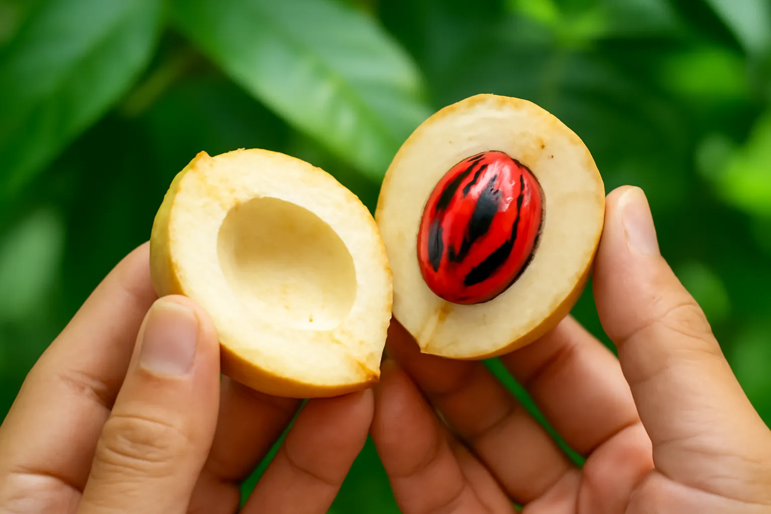 Bàn tay tách quả nhục đậu khấu thấy màng đỏ bên trong