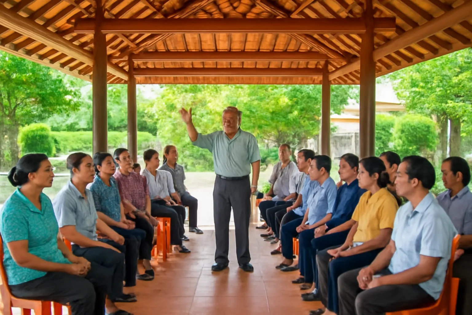 Buổi họp dân dưới mái nhà văn hoá, một người đứng phát biểu
