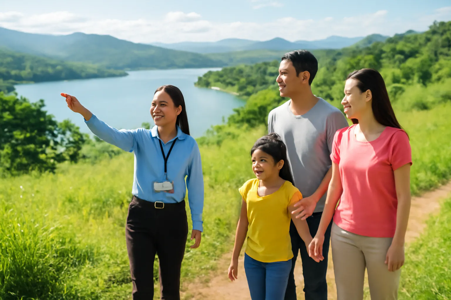 Nhân viên dẫn một gia đình đi dạo lối cỏ trên đồi