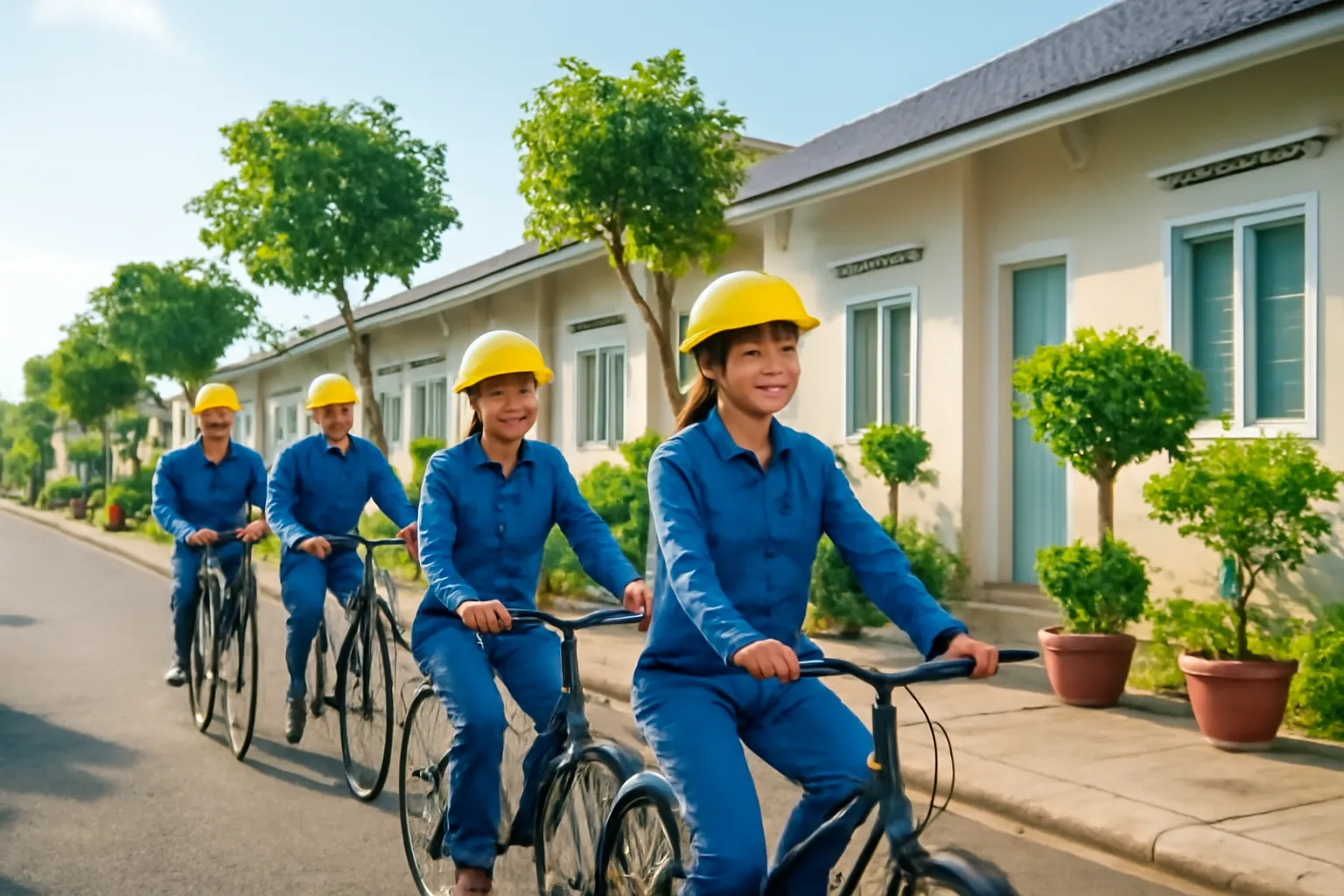 Công nhân đạp xe đi làm qua dãy nhà trọ có cây xanh buổi sáng