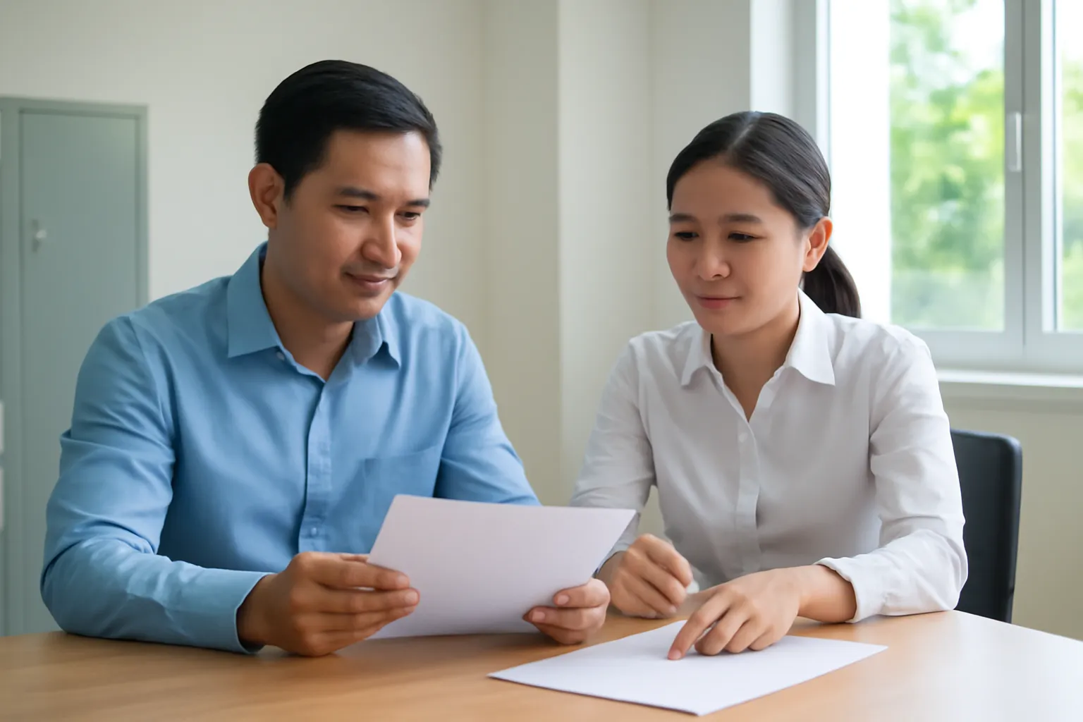 Hai người trao đổi giấy tờ trên bàn gỗ trong phòng làm việc