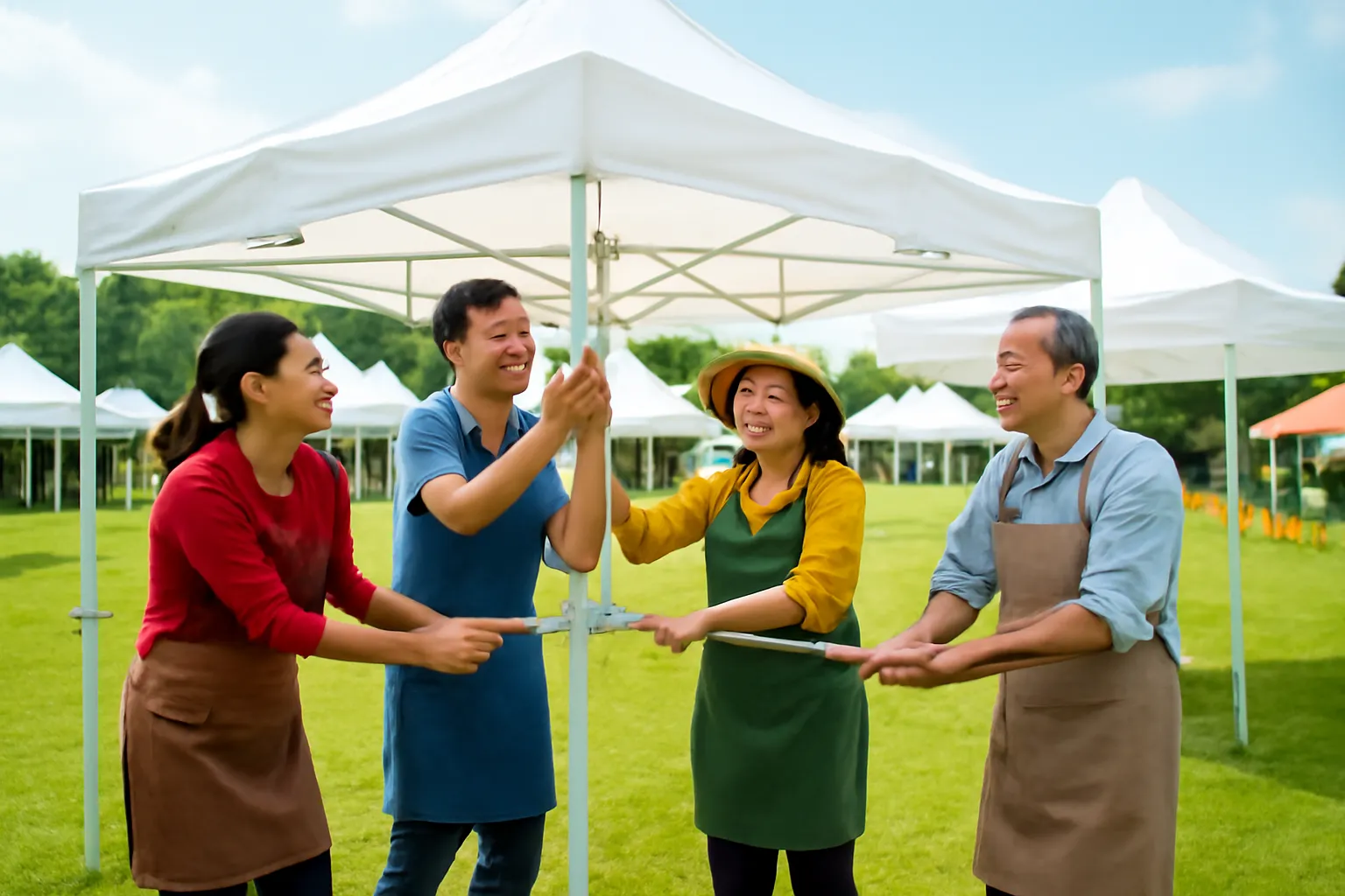 Nhóm chủ quán cùng dựng rạp hội chợ ngoài trời