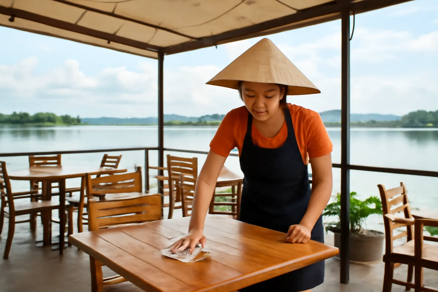 Chủ quán lau bàn trong quán cà phê ven hồ vắng khách, mây thấp