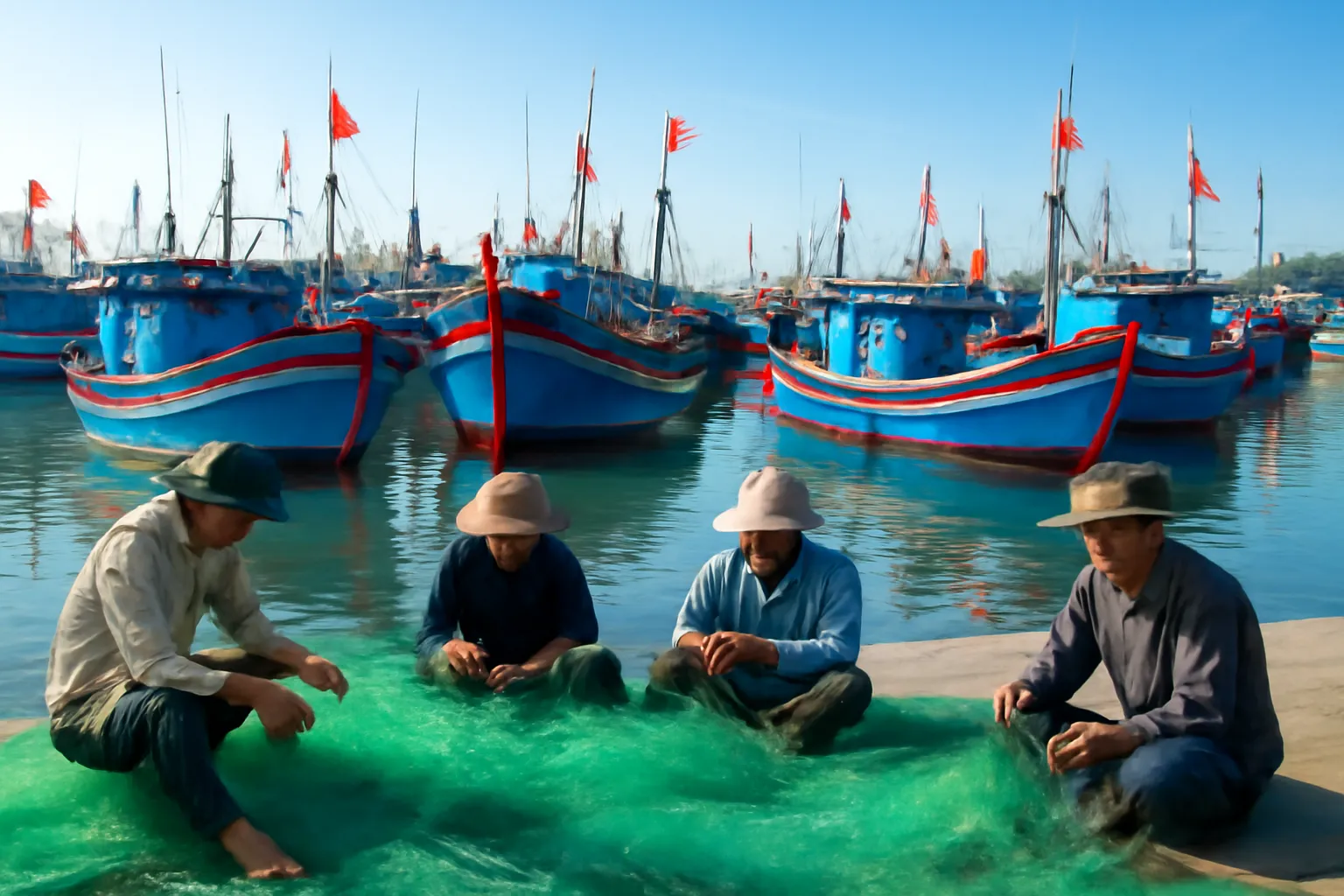 Thuyền đánh cá sơn xanh đỏ neo kín vịnh, ngư dân vá lưới