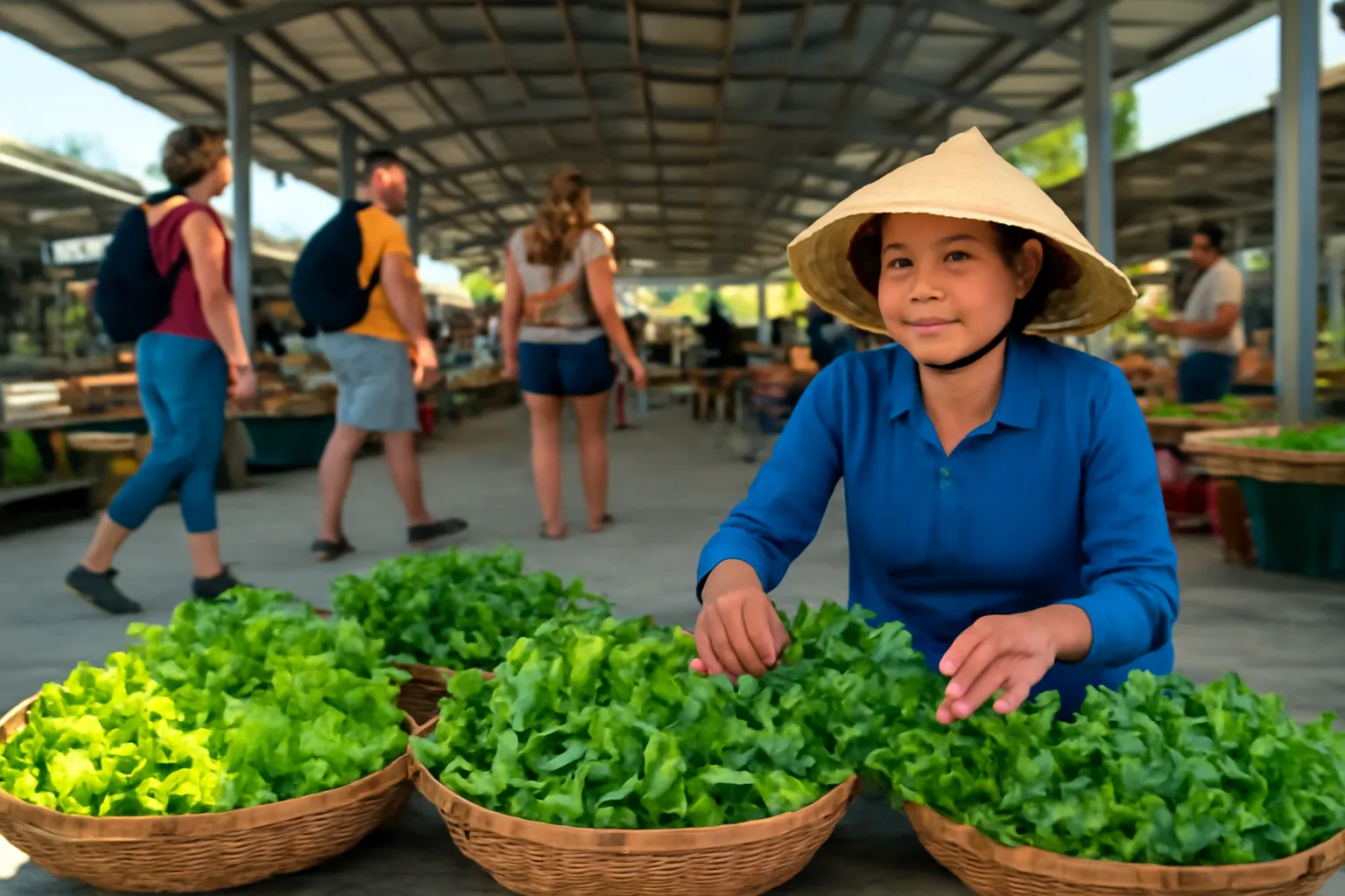 Người phụ nữ bán rau ở phiên chợ dưới mái tôn mới dựng