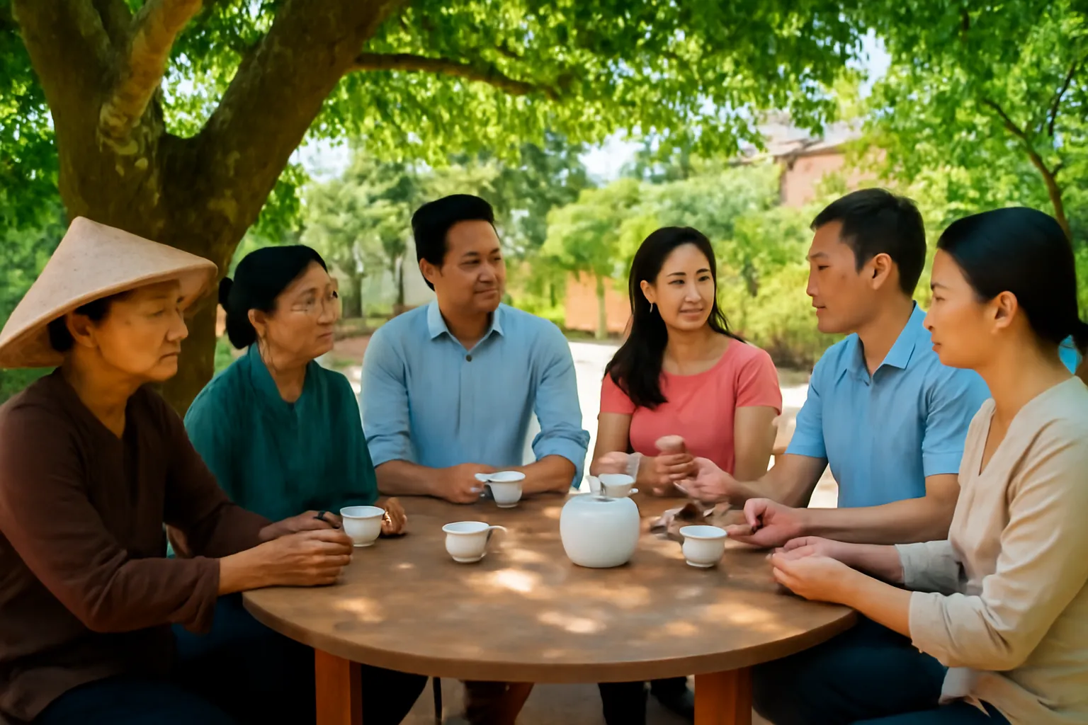 Hai nhóm người ngồi bàn tròn ngoài trời uống trà và trò chuyện