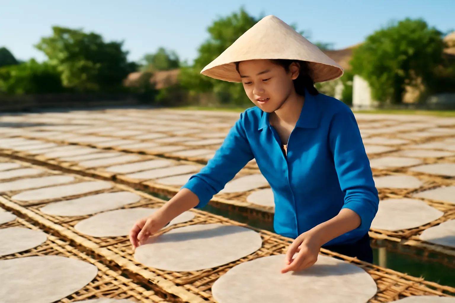 Người phụ nữ lật bánh tráng phơi trên giàn tre buổi sáng