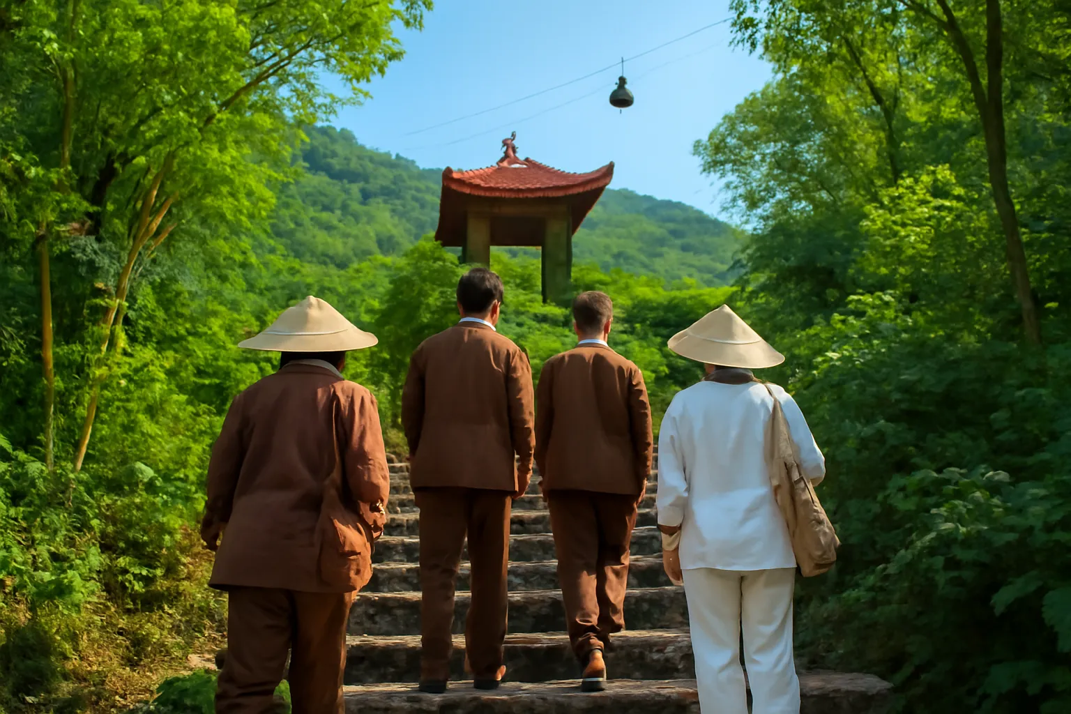 Người hành hương leo bậc đá lên chùa trên núi