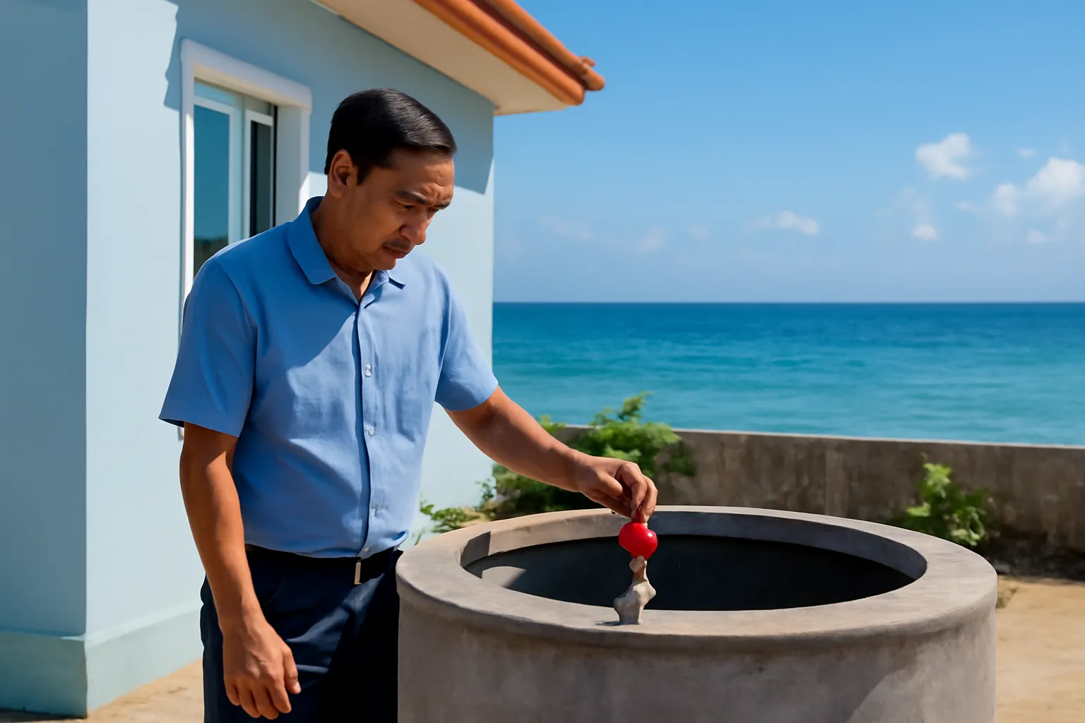 Người đàn ông kiểm tra van bể chứa nước mưa cạnh nhà ven biển