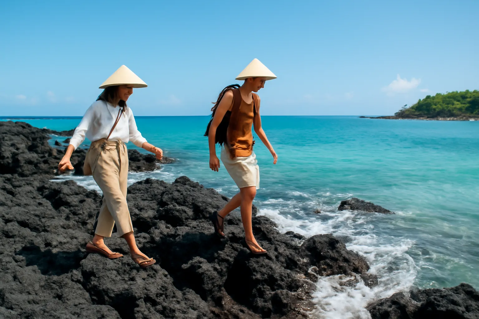 Du khách đi bộ trên ghềnh đá đen sát biển xanh