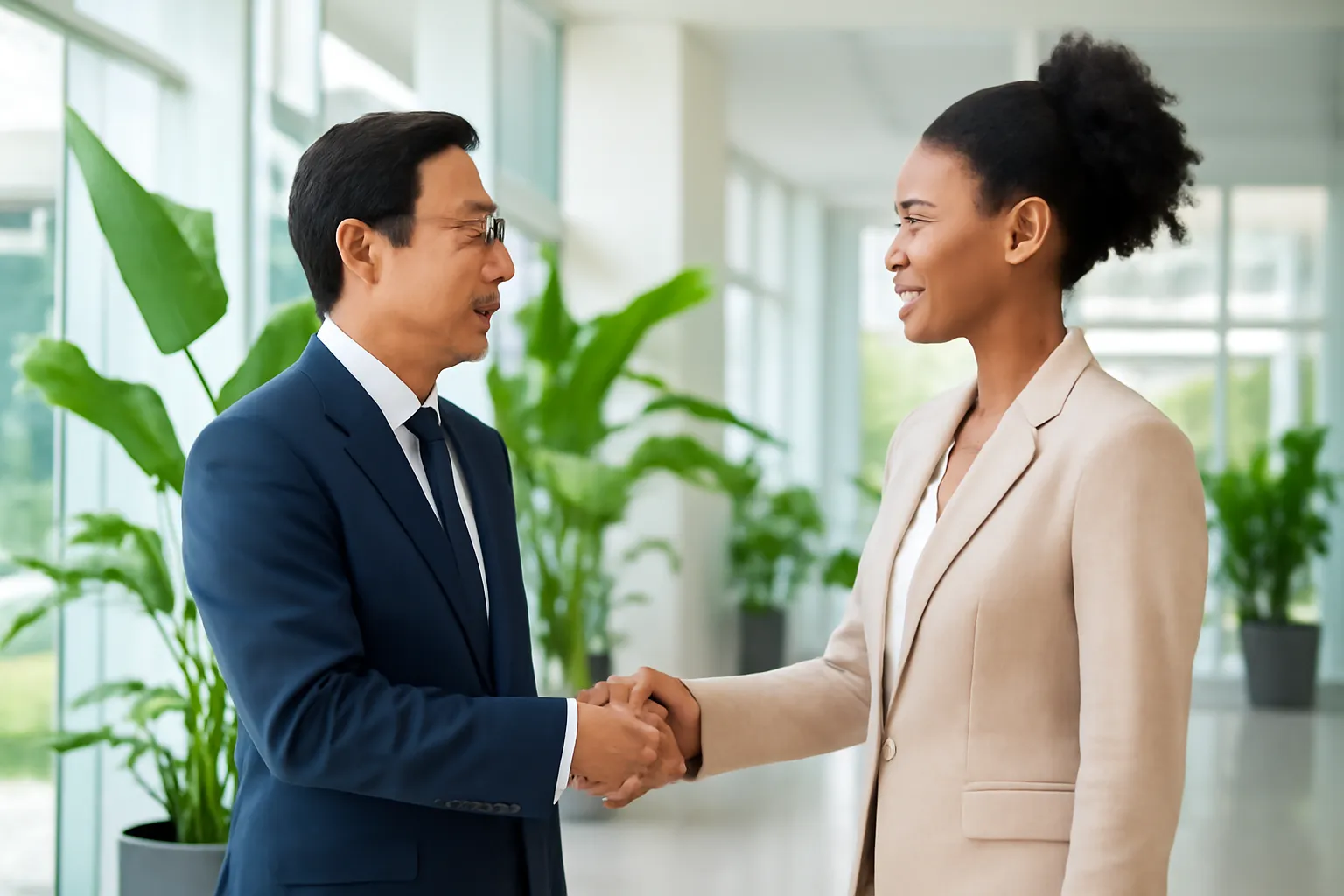 Hai người bắt tay trong sảnh văn phòng sáng sủa