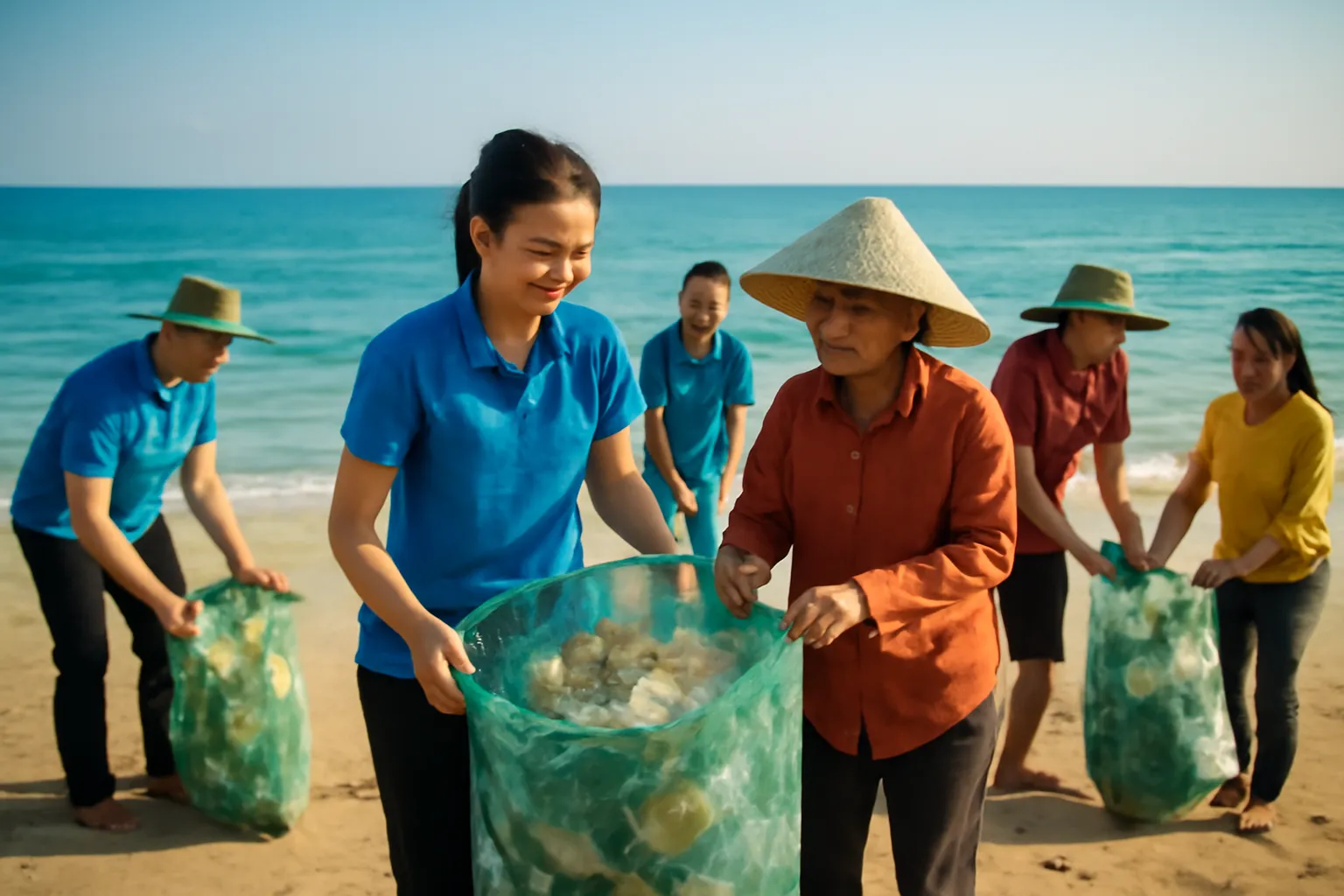 Nhóm người nhặt rác trên bãi biển bằng bao lưới buổi sáng sớm