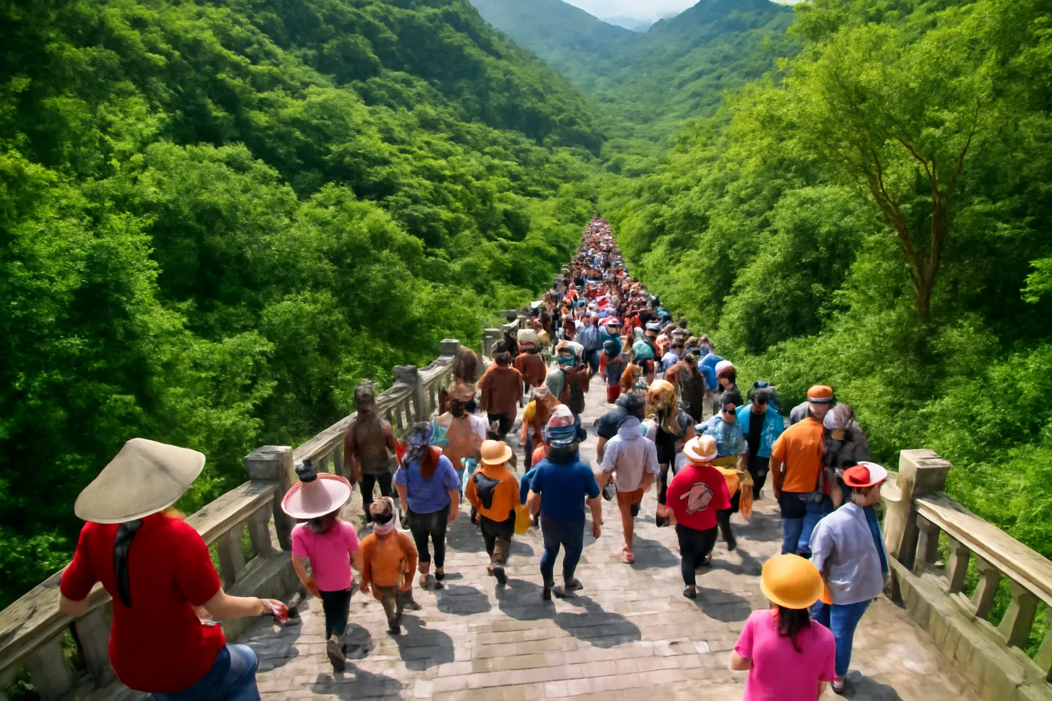 Dòng người trên bậc đá lên núi nhìn từ trên xuống