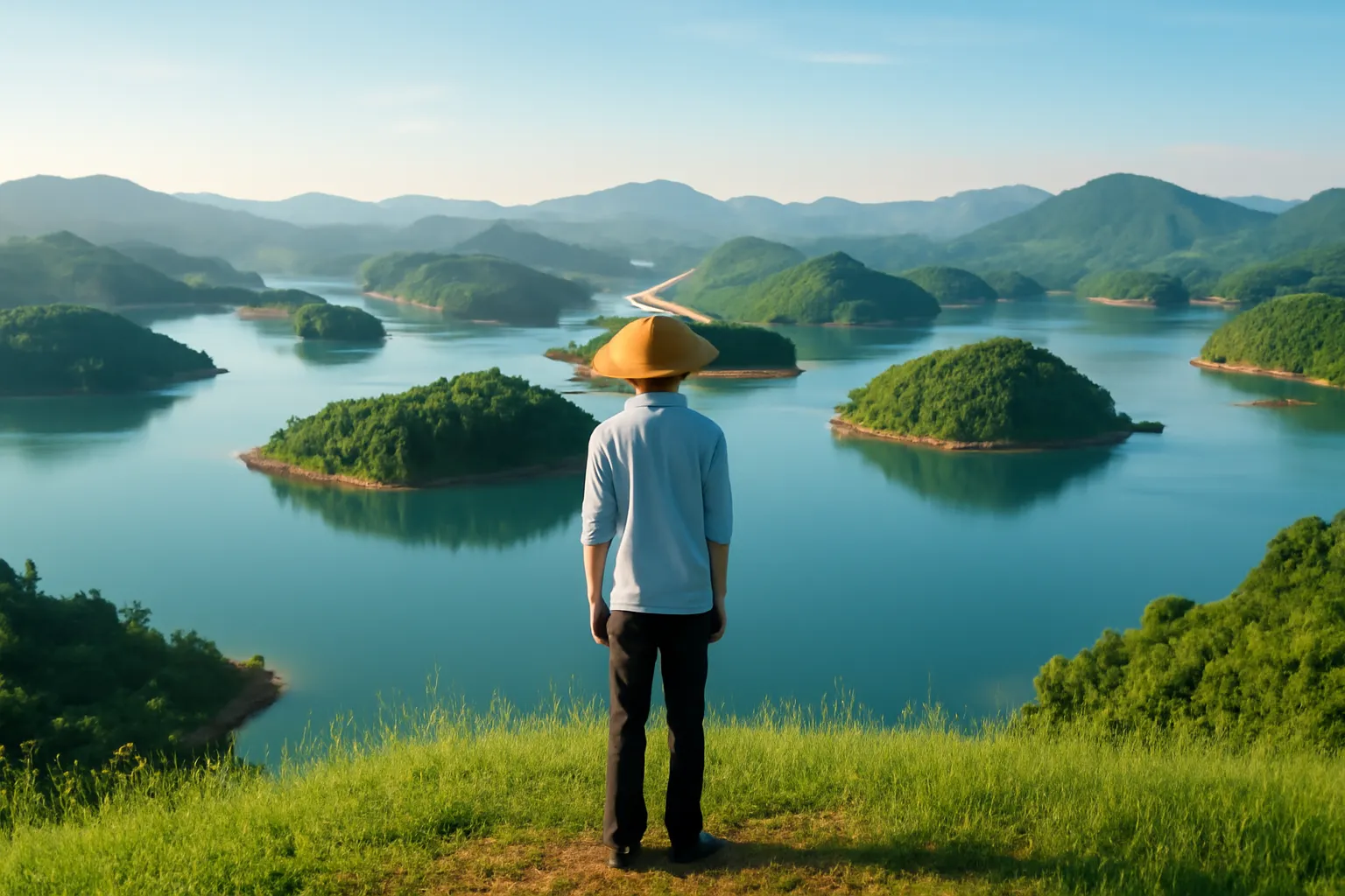 Toàn cảnh hồ nhiều đảo đồi xanh nhìn từ đỉnh đồi buổi sáng
