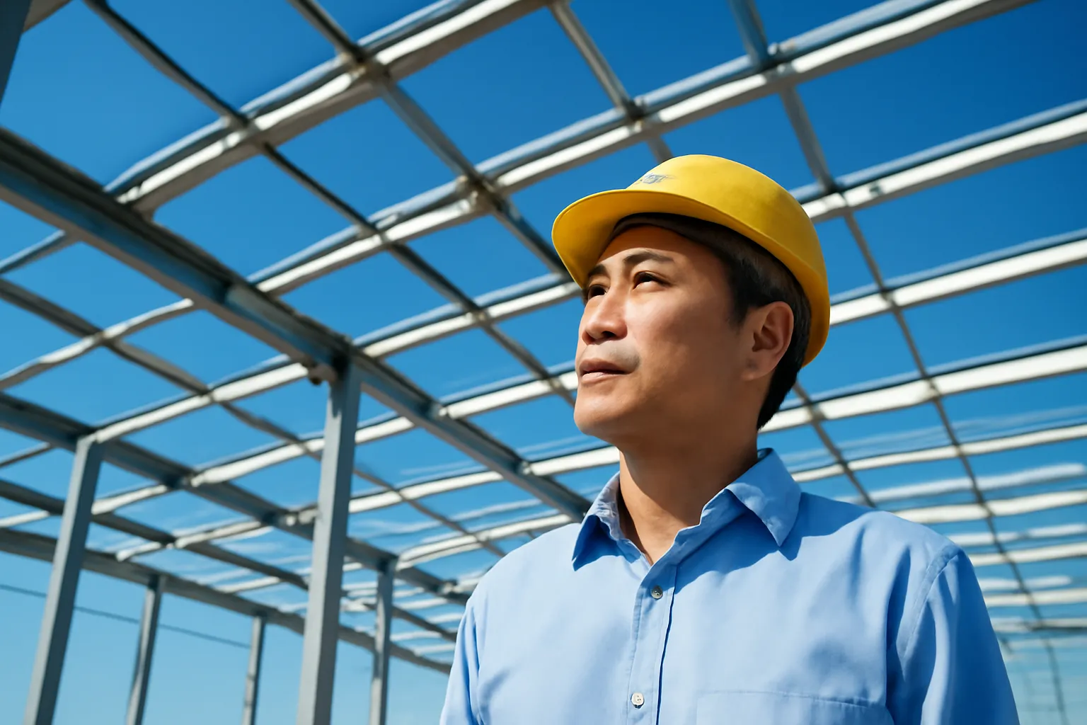 Người đàn ông đứng giữa khung thép đang dựng, ngước nhìn lên