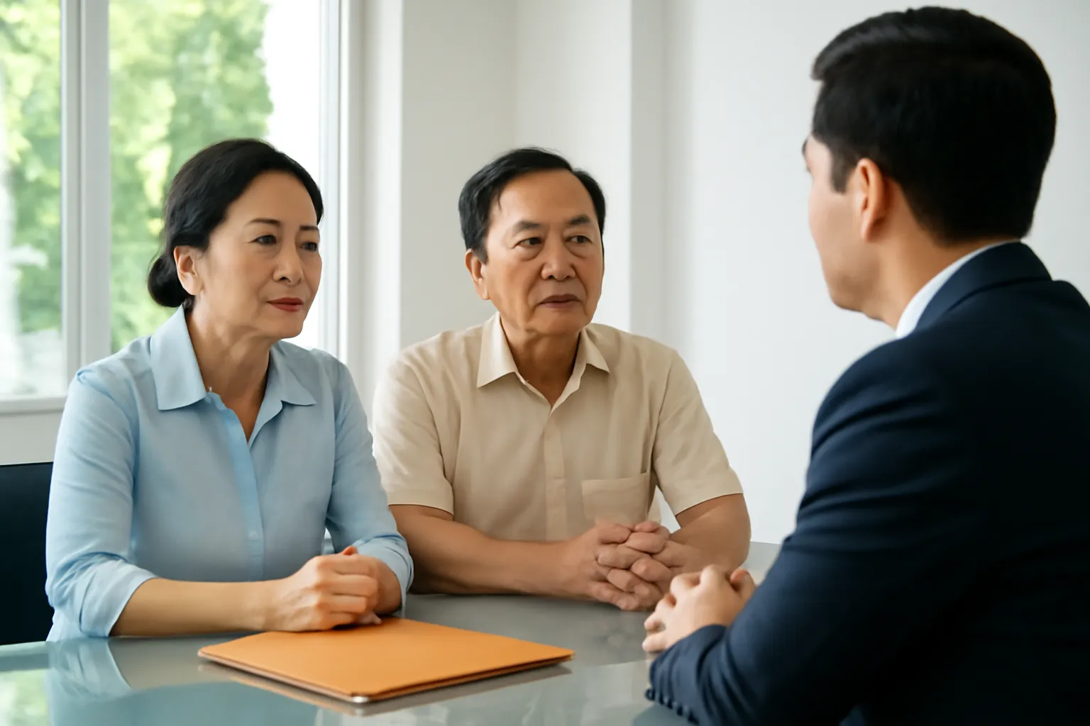 Vợ chồng trung niên ngồi với luật sư, hồ sơ úp mặt trên bàn