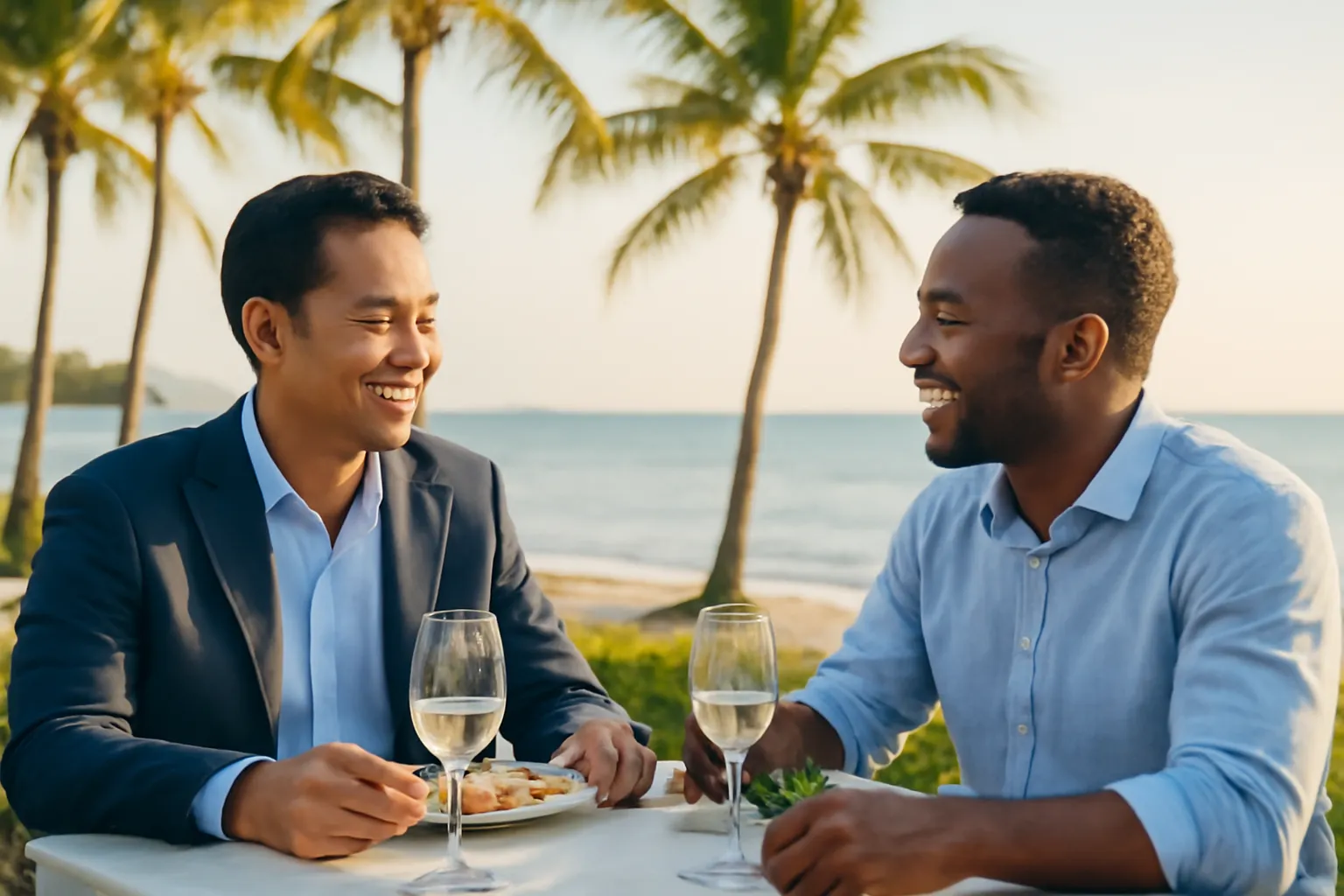 Hai đối tác ăn tối ngoài trời bên biển nhiệt đới